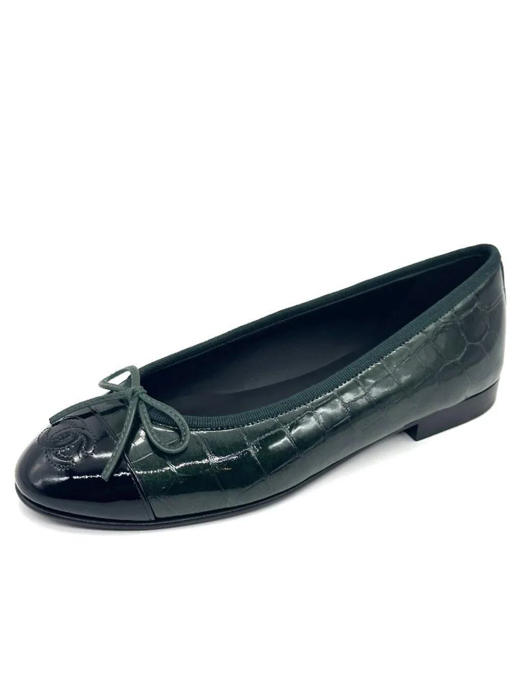 CHANEL 26A Crocodile Embossed Patent Leather Cap Toe Bow Ballerina Ballet Flats - Picture 4 of 16